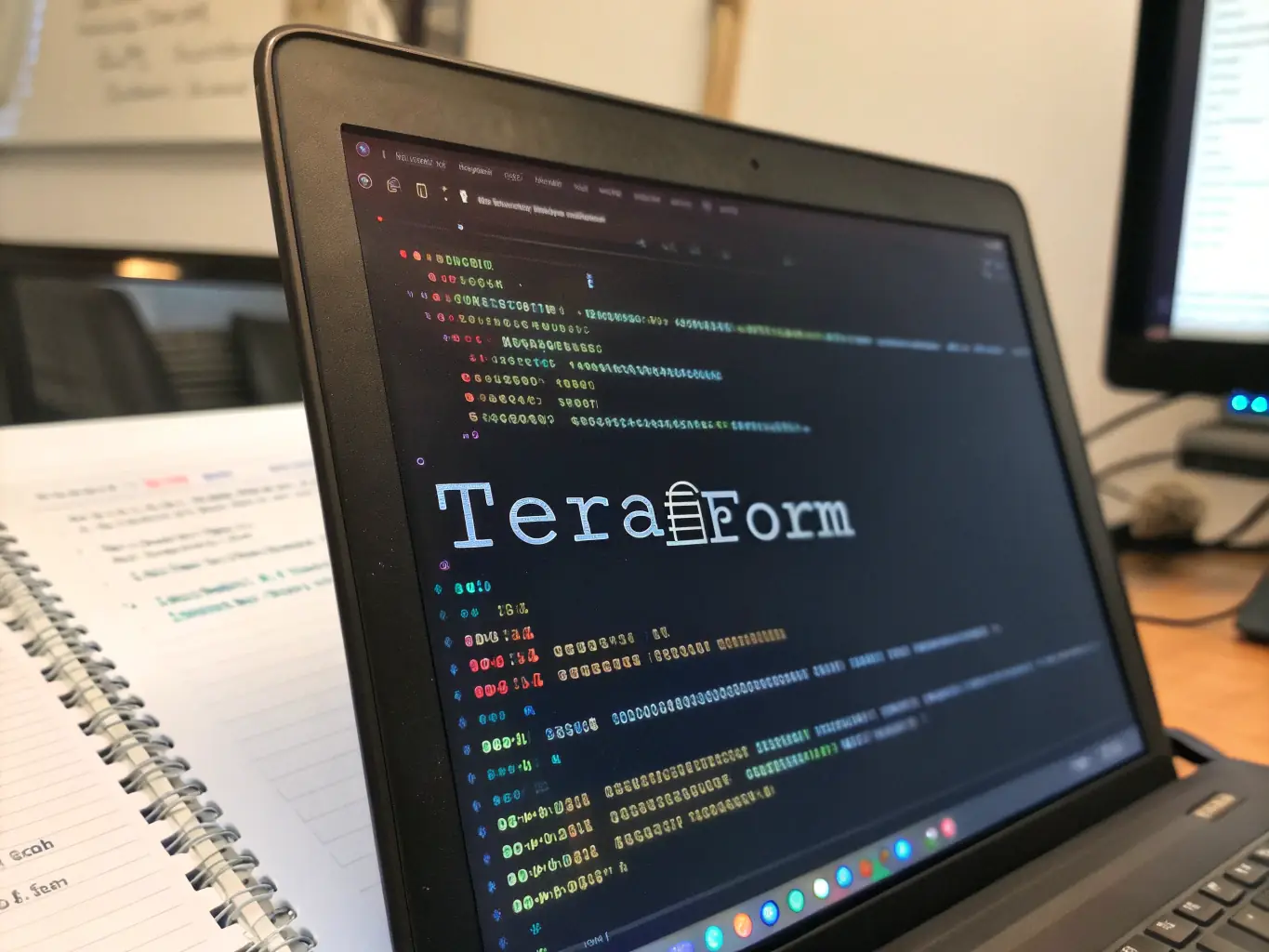 An image showcasing Terraform code automating infrastructure provisioning on AWS, emphasizing infrastructure as code and version control.