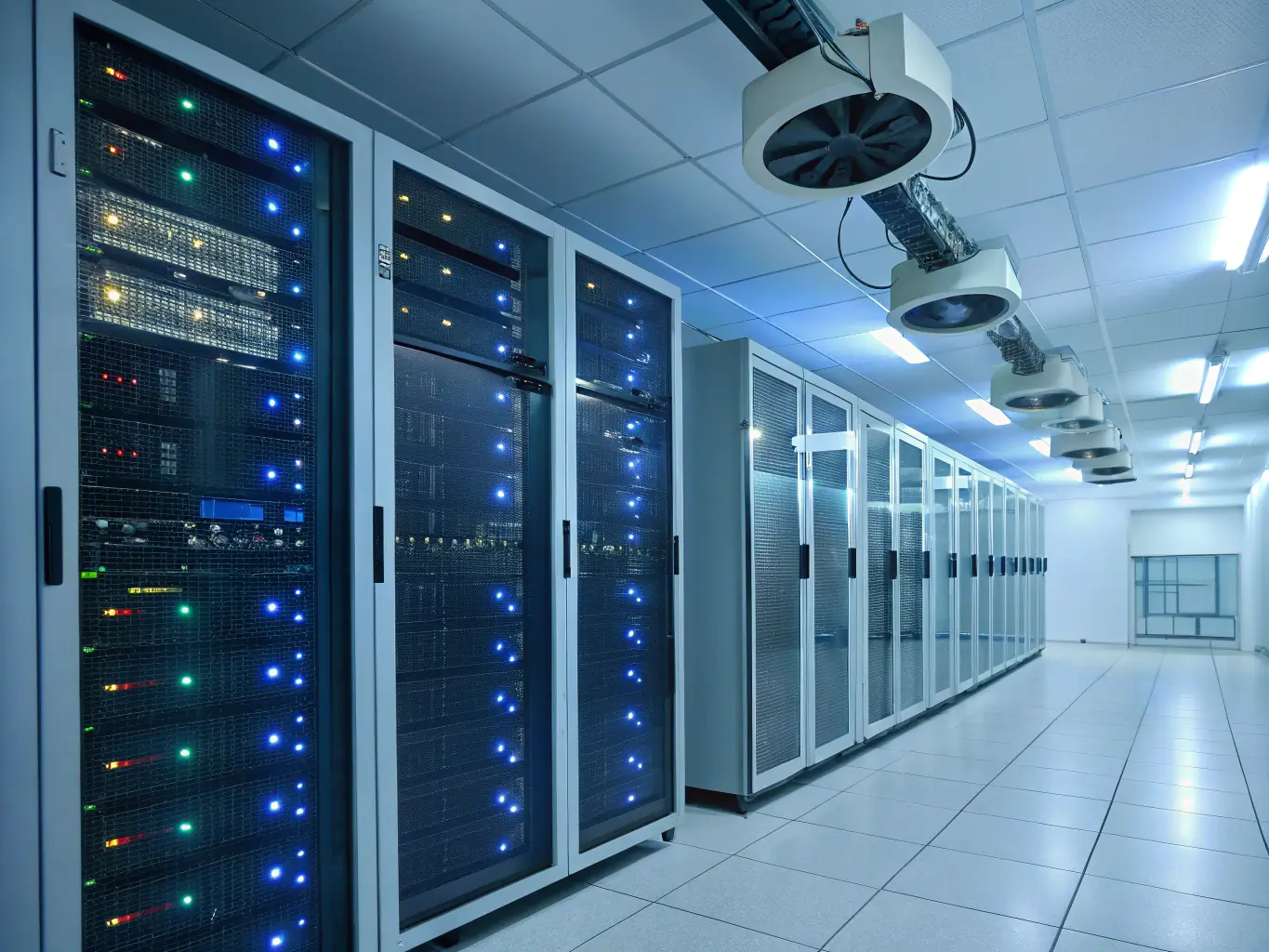 A secure email server room with blinking lights, symbolizing the reliability and security of FossDevOps's email hosting services.
