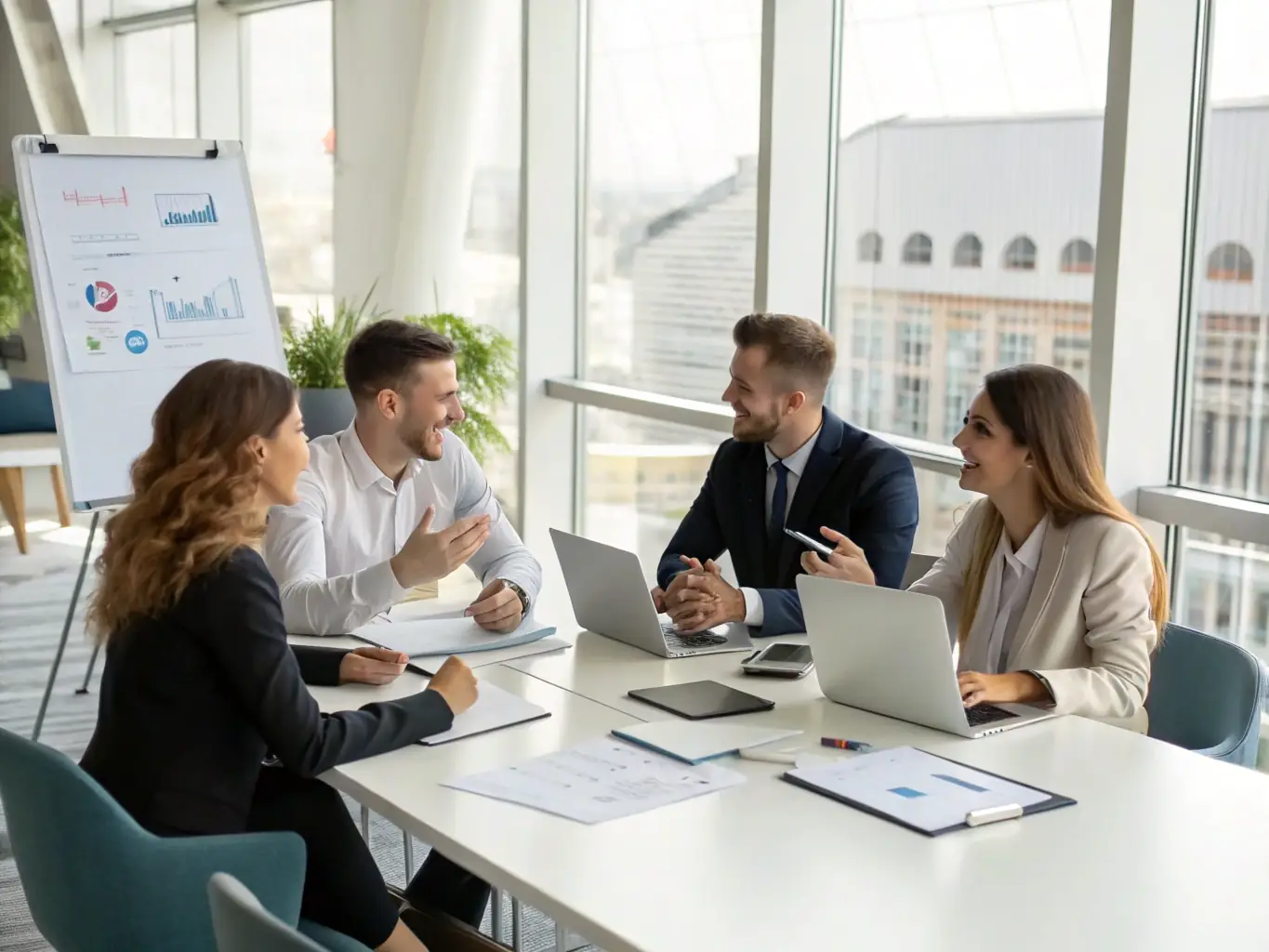 A professional workspace showcasing SuiteCRM software on a laptop screen, surrounded by team members collaborating on customer relationship management strategies.
